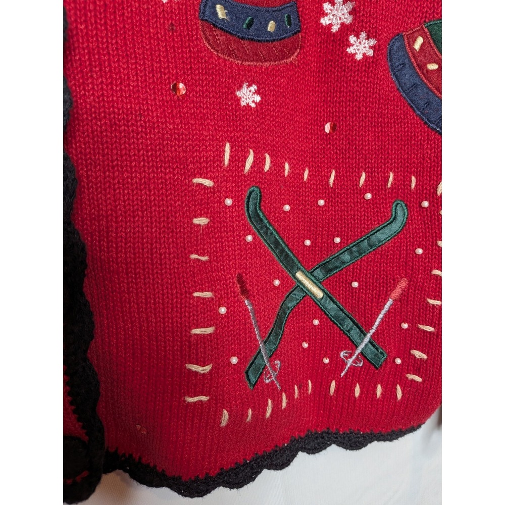 Vtg Granny Core Embroidered Cardigan Sweater Size Large Red Winter Chunky Knit - Picture 7 of 11